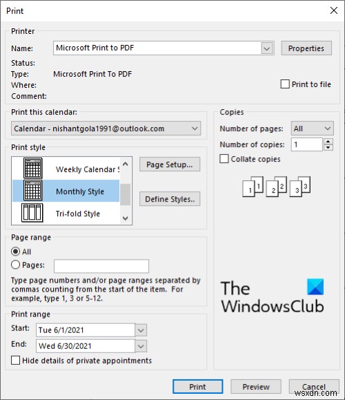 Cách in Lịch Outlook trong Windows 11/10 