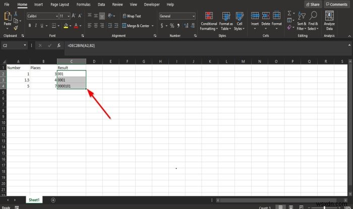 Cách sử dụng hàm DEC2Bin trong Microsoft Excel để chuyển đổi một số thập phân sang nhị phân 