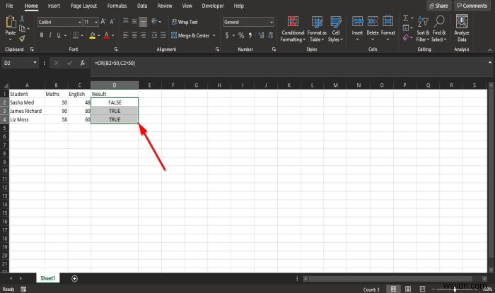 Cách sử dụng hàm OR trong Excel để xác định xem một điều kiện có đúng không 