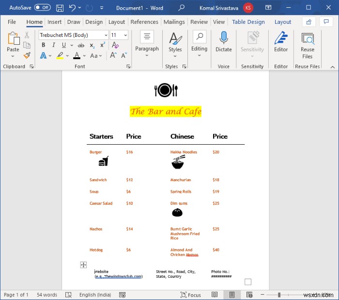 Cách tạo Thực đơn nhà hàng trong Microsoft Word 