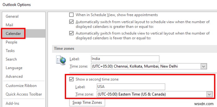 Cách hiển thị hai Múi giờ trong Lịch Outlook 