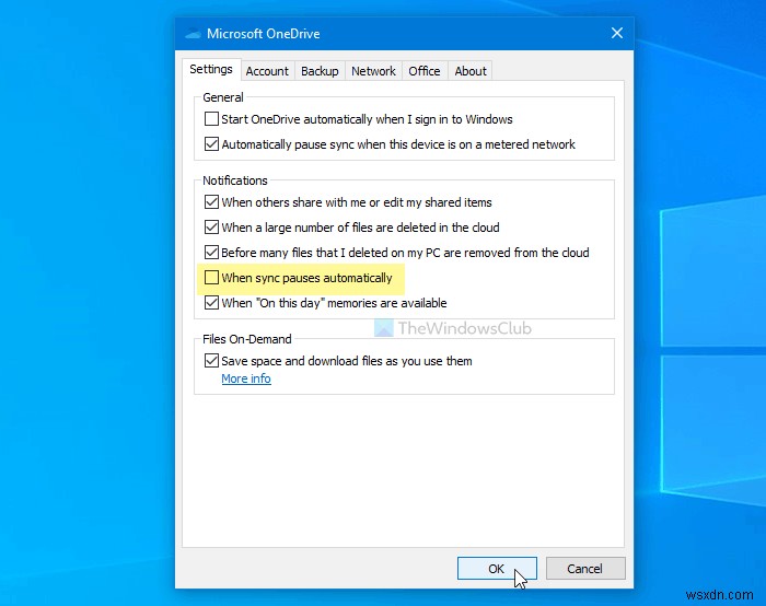 Tắt thông báo OneDrive Khi đồng bộ hóa tự động tạm dừng trên Windows 10 
