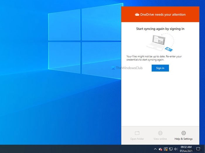 OneDrive cần sự chú ý của bạn, Bắt đầu đồng bộ hóa lại bằng cách đăng nhập 