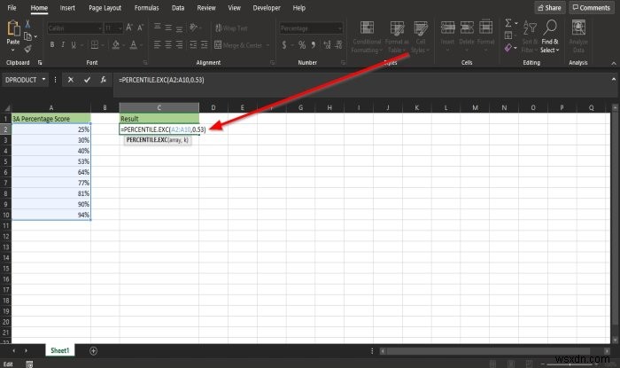 Cách sử dụng hàm Percentile.Exc trong Microsoft Excel 