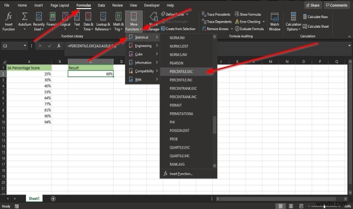 Cách sử dụng hàm Percentile.Exc trong Microsoft Excel 