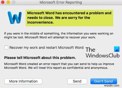 Microsoft Word đã gặp sự cố và cần đóng lại trên máy Mac 