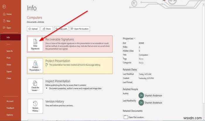 Cách đính kèm hoặc xóa Chữ ký điện tử trong bản trình bày PowerPoint 