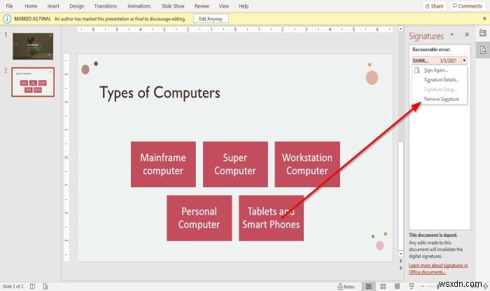 Cách đính kèm hoặc xóa Chữ ký điện tử trong bản trình bày PowerPoint 