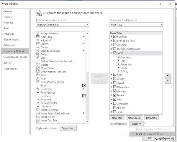 Làm cách nào để đặt lại Tùy chỉnh ruy-băng về mặc định trong Microsoft Office? 