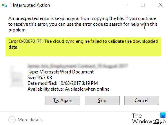 Lỗi OneDrive 0x8007017F:Công cụ đồng bộ hóa đám mây không xác thực được dữ liệu đã tải xuống 