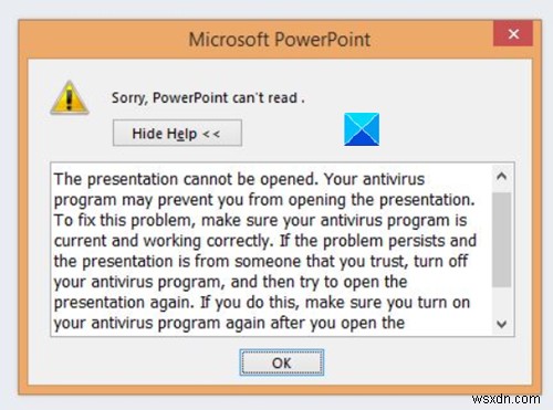 Sửa lỗi Xin lỗi, PowerPoint không thể đọc thông báo lỗi 