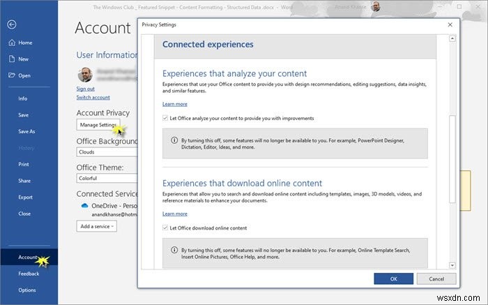 Cách thay đổi cài đặt Quyền riêng tư của Tài khoản trong Microsoft Office 