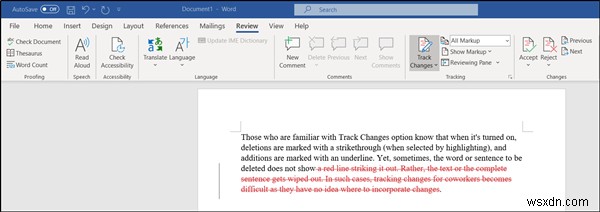 Nút Xóa không hiển thị gạch ngang khi bật Theo dõi Thay đổi trong Word 