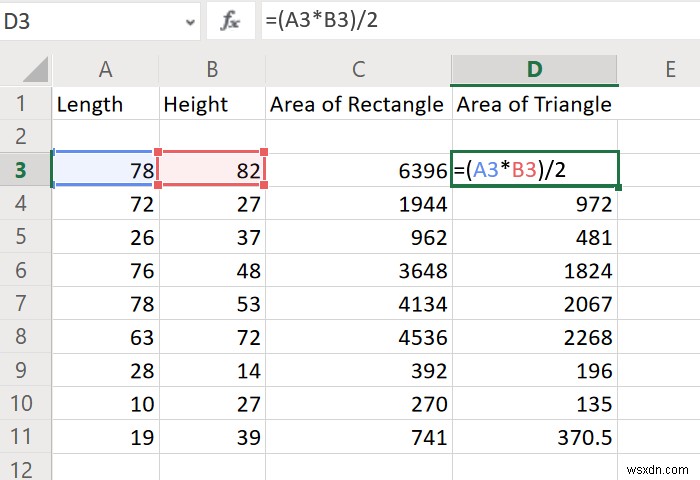 Cách tính diện tích Hình chữ nhật, Hình tam giác hoặc Hình tròn trong Excel 