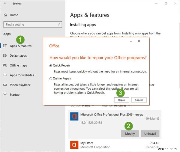 Cách sửa chữa Office &Gỡ cài đặt các chương trình Microsoft Office riêng lẻ 