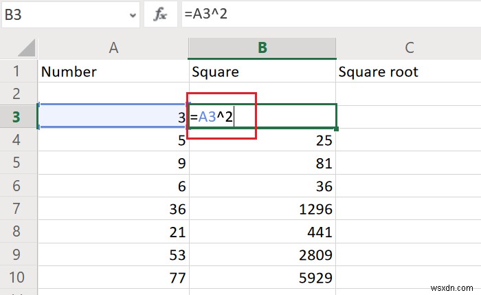 Cách tìm Bình phương và Căn bậc hai của một số trong Excel 