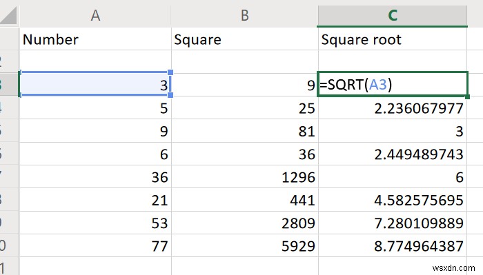 Cách tìm Bình phương và Căn bậc hai của một số trong Excel 