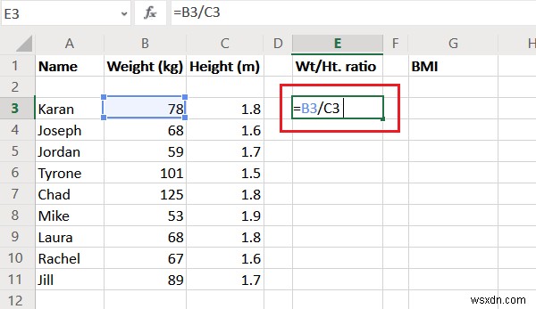 Tính tỷ lệ Cân nặng trên Chiều cao và BMI trong Excel bằng công thức tính BMI này 