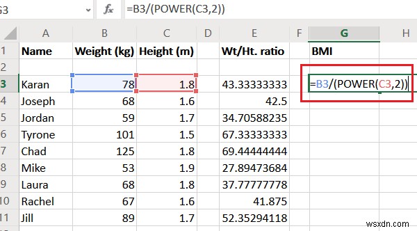 Tính tỷ lệ Cân nặng trên Chiều cao và BMI trong Excel bằng công thức tính BMI này 