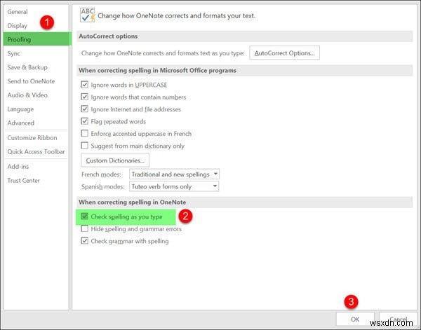 Cách tắt Kiểm tra chính tả trong OneNote trên Windows 11/10 