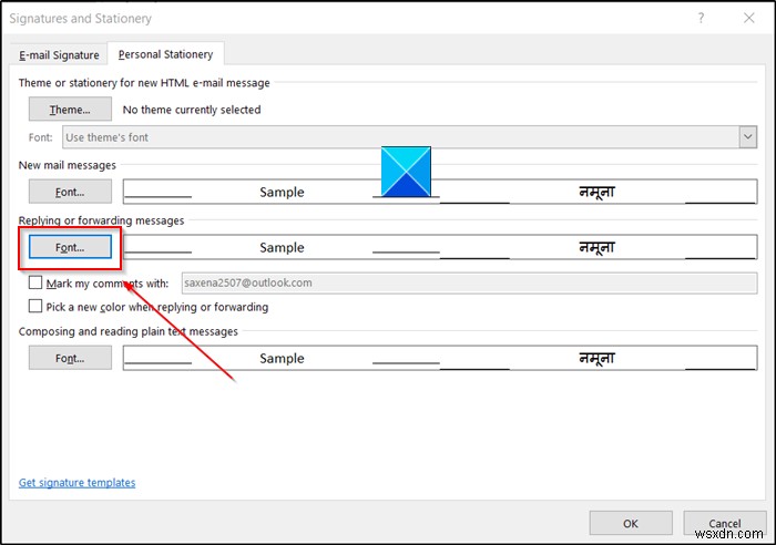 Kích thước phông chữ thay đổi khi trả lời email trong Outlook trong Windows 10 