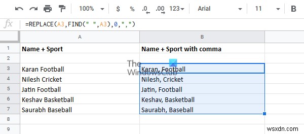 Cách thêm Dấu phẩy sau Từ đầu tiên trong mỗi Ô trong Excel 