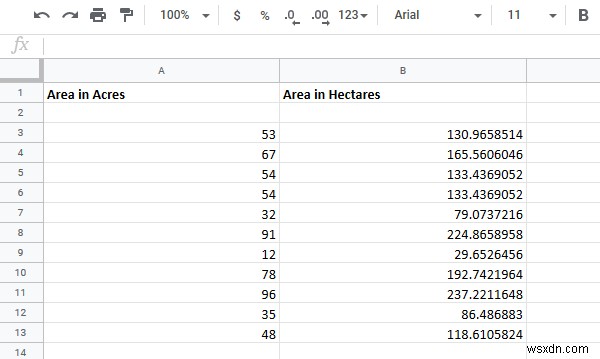 Cách chuyển đổi ô giữa Hecta và Acres trong Excel 