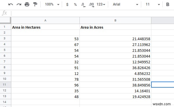 Cách chuyển đổi ô giữa Hecta và Acres trong Excel 