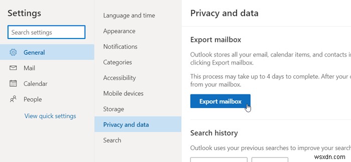 Cách tải xuống hoặc xuất hộp thư từ Outlook.com 