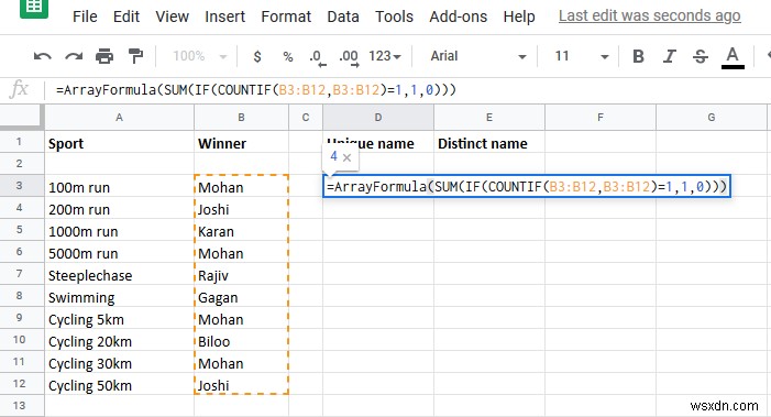 Cách đếm số lượng giá trị duy nhất và khác biệt trong cột trong Excel 