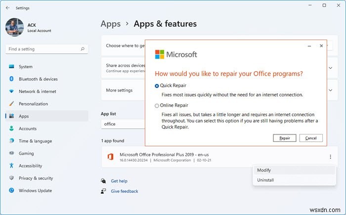 Cách hoặc Đặt lại hoặc Sửa chữa các ứng dụng Office riêng lẻ trong Windows 11/10 