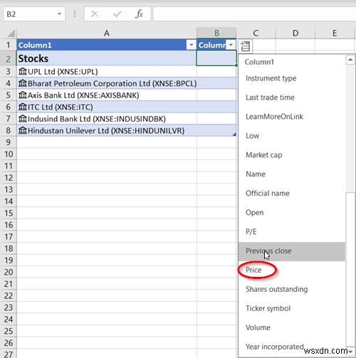 Cách tìm nạp Giá chứng khoán theo thời gian thực trong Excel bằng cách sử dụng Báo giá chứng khoán 