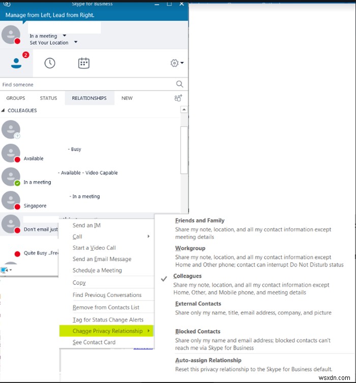 Cách đặt Mối quan hệ Bảo mật của Liên hệ và chặn ai đó trong Skype for Business 