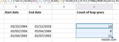 Cách tính số Năm nhuận giữa hai ngày trong Excel 
