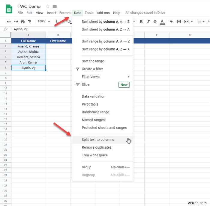 Cách tách Văn bản thành Cột trong Excel và Google Trang tính 