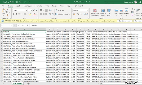 Công cụ Kiểm tra Lịch Outlook (CalCheck) báo cáo sự cố với các mục nhập 