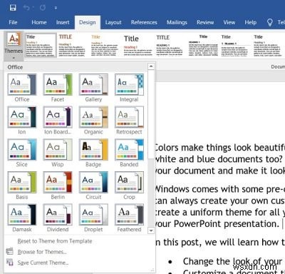 Cách thay đổi màu chủ đề tài liệu trong các chương trình Microsoft Office 