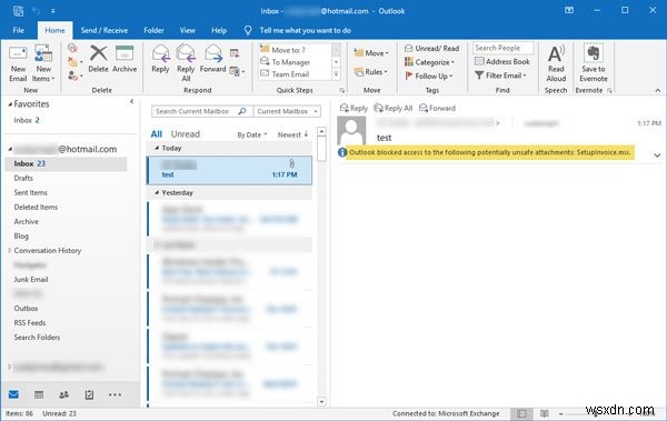 Outlook đã chặn quyền truy cập vào các tệp đính kèm có khả năng không an toàn sau đây 