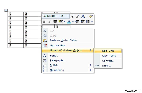 Cách chèn Bảng tính Excel trong Tài liệu Word 