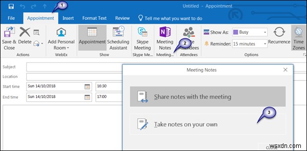 Sử dụng OneNote để ghi chú trong cuộc họp Outlook đã lên lịch hoặc Skype for Business 