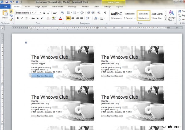 Cách thiết kế Danh thiếp bằng Microsoft Word 