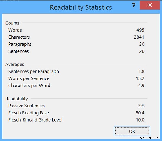Tính năng thống kê khả năng đọc trong Microsoft Word 