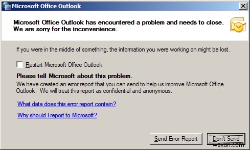 Microsoft Outlook đã gặp sự cố và cần phải đóng 