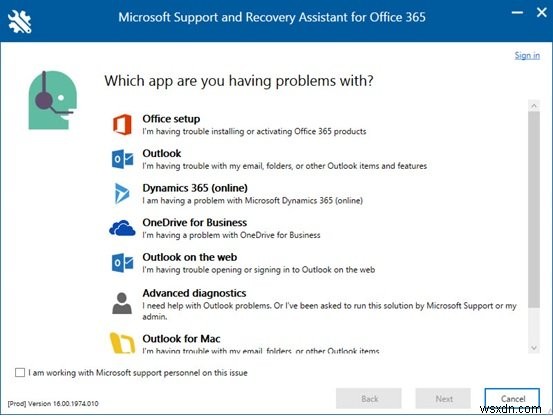 Trình phân tích kết nối từ xa của Microsoft:Khắc phục sự cố về ứng dụng và dịch vụ Office 365 