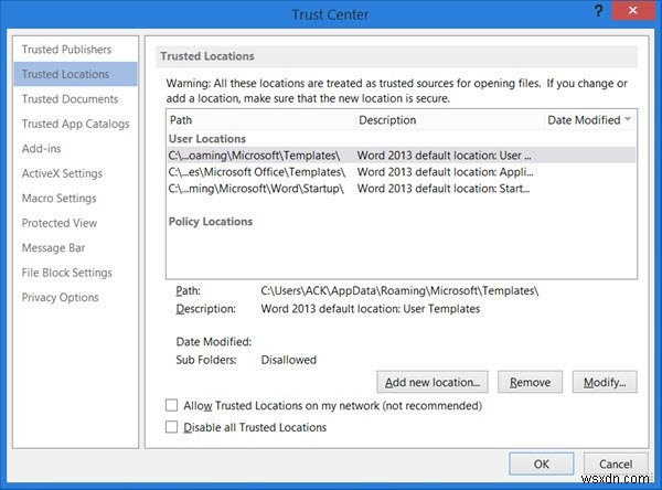 Thêm, xóa hoặc sửa đổi Vị trí tin cậy trong Microsoft Office 