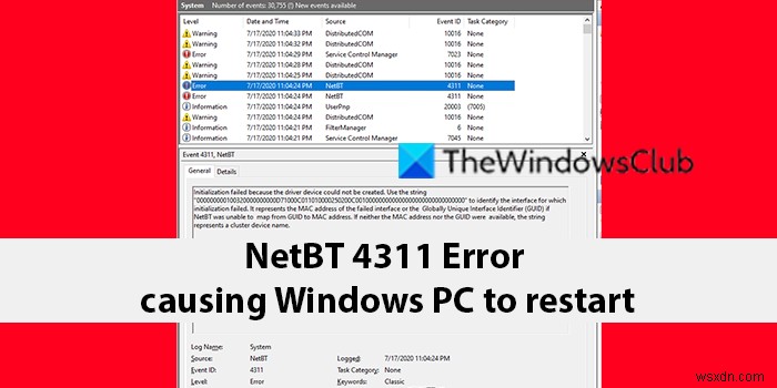 Sửa lỗi NetBT 4311 khiến PC Windows khởi động lại 