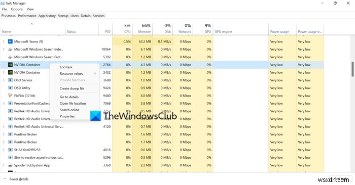 Sửa lỗi NVIDIA Container cao Đĩa, GPU, Sử dụng bộ nhớ trên Windows 11/10 