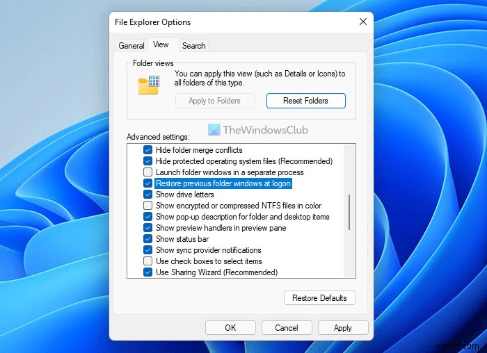 Cách khôi phục các cửa sổ thư mục trước đó khi đăng nhập trong Windows 11/10 