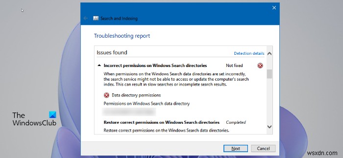Quyền không chính xác đối với thư mục Windows Search trong Windows 11 