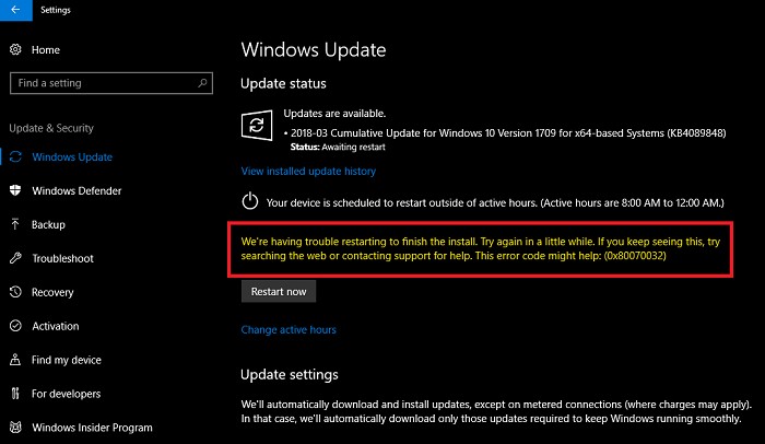 Lỗi Windows Update 0x80070032, Chúng tôi gặp sự cố khi khởi động lại để hoàn tất quá trình cài đặt 